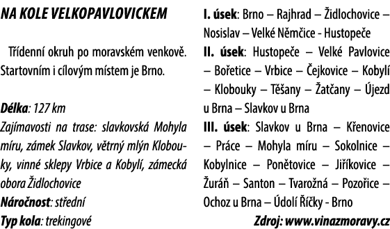 Na kole Velkopavlovickem T denn  okruh po moravsk m venkov . Startovn m i c lov m m stem je Brno. D lka: 127 km Zaj ...