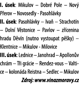 I. sek: Mikulov – Dobr  Pole – Nov  P erov – Novosedly Pasohl vky II.  sek: Pasohl vky – Iva  – Strachot n – Doln  V...