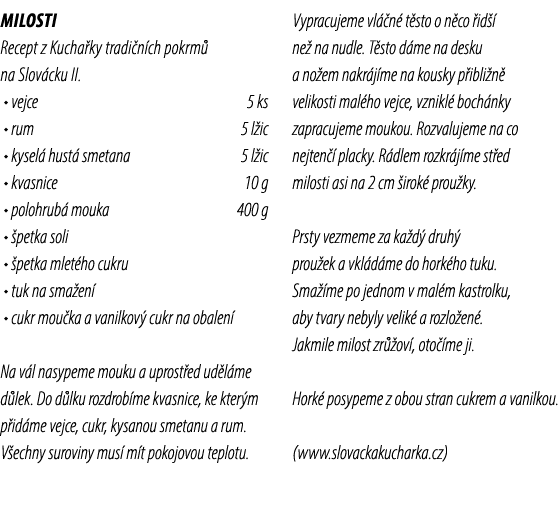 MILOSTI Recept z Kucha ky tradi n ch pokrm na Slov cku II. • vejce 5 ks • rum 5 l ic • kysel  hust  smetana 5 l ic •...