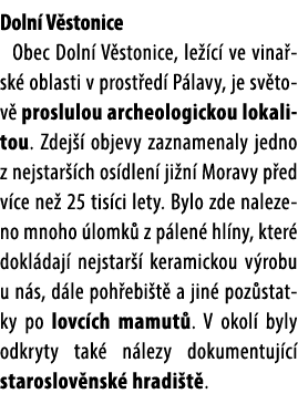 Doln V stonice Obec Doln  V stonice, le  c  ve vina sk  oblasti v prost ed  P lavy, je sv tov  proslulou archeologic...